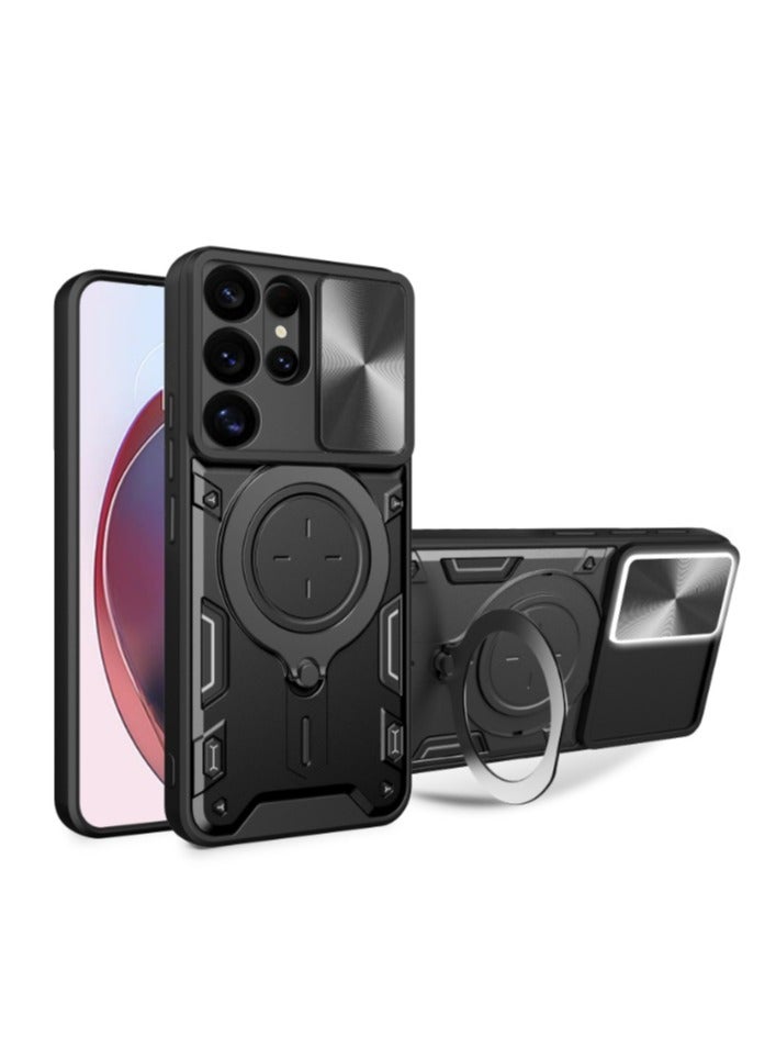 for Samsung Galaxy S25 Ultra Case, Slide Camera Lens Cover, Magnetic Ring Holder Kickstand Protective Phone Case for Samsung Galaxy S25 Ultra, Black - Image 1