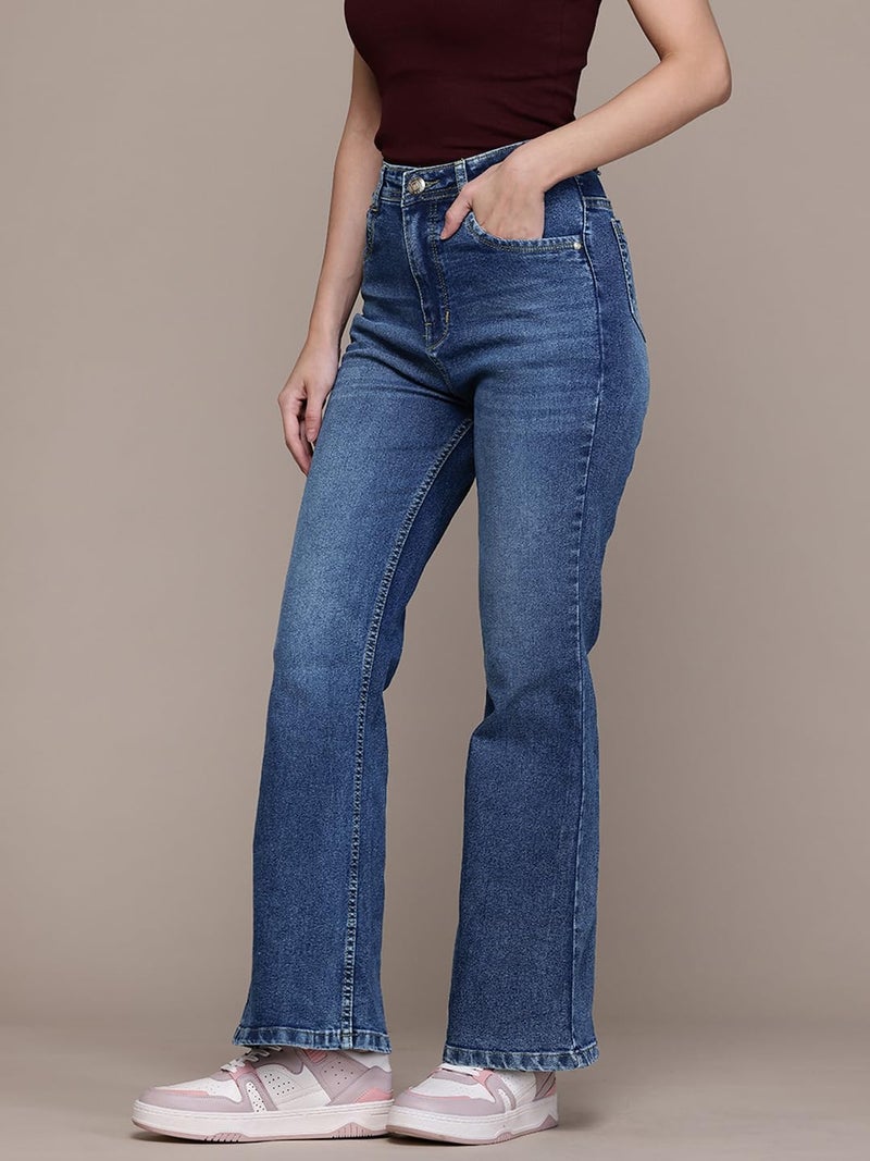 Nifty Women's Denim Stretchable High Waist Flared Jeans (1480_BLU_26_Blue_26) - Image 3