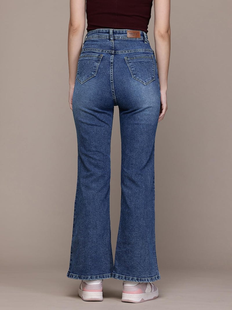 Nifty Women's Denim Stretchable High Waist Flared Jeans (1480_BLU_26_Blue_26) - Image 4