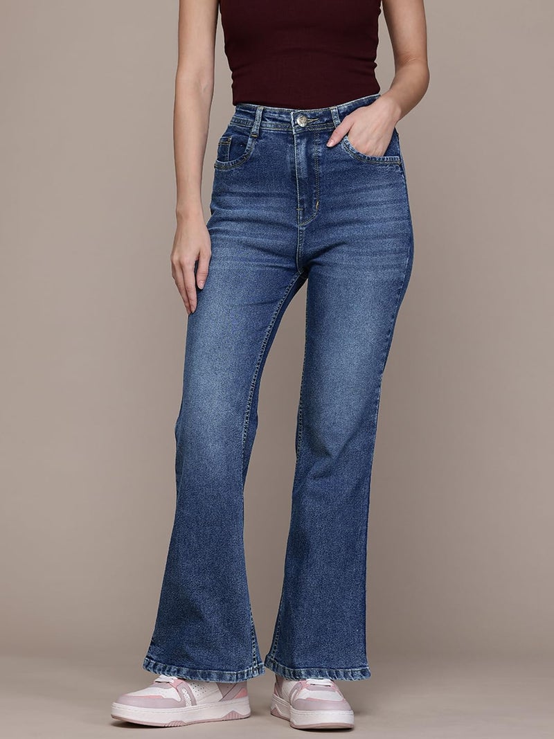 Nifty Women's Denim Stretchable High Waist Flared Jeans (1480_BLU_26_Blue_26) - Image 2