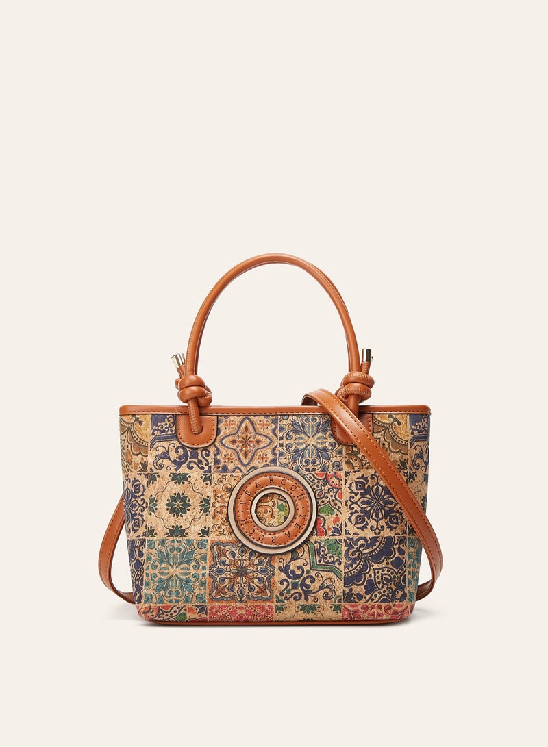Women Vintage Tile Floral Print Tote Handbag, Knot Handle Shoulder Bag with Adjustable Detachable Crossbody Strap, Casual Daily Ladies Bag - Image 1