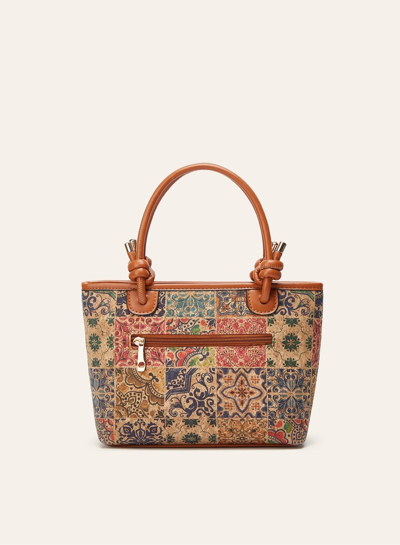 Women Vintage Tile Floral Print Tote Handbag, Knot Handle Shoulder Bag with Adjustable Detachable Crossbody Strap, Casual Daily Ladies Bag - Image 3