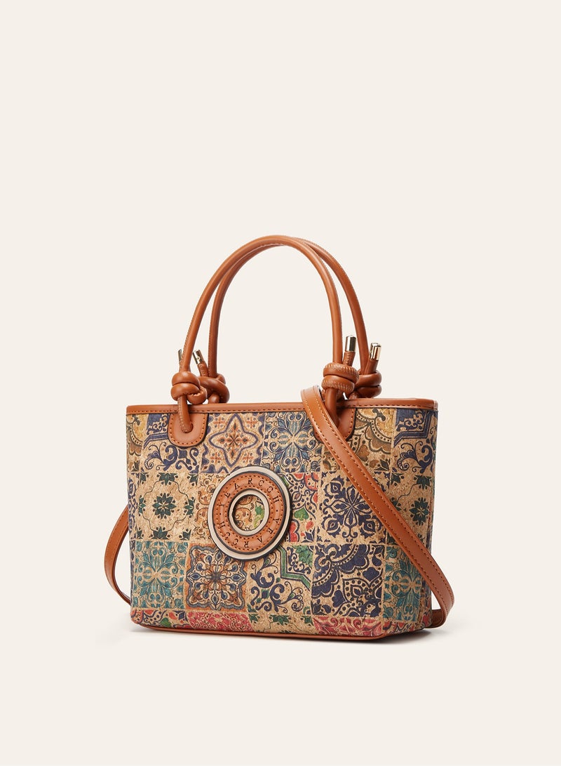 Women Vintage Tile Floral Print Tote Handbag, Knot Handle Shoulder Bag with Adjustable Detachable Crossbody Strap, Casual Daily Ladies Bag - Image 2