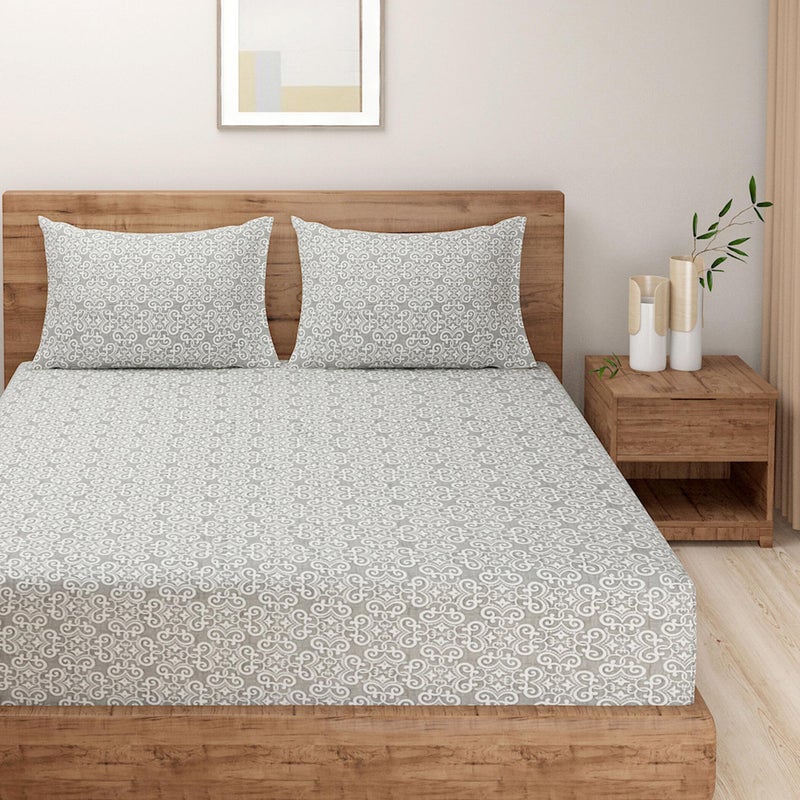 Swayam Ananda Collection Premium Pure Cotton 210TC Geometric Print King Bedsheet with 2 Pillow Covers - Grey - Image 3