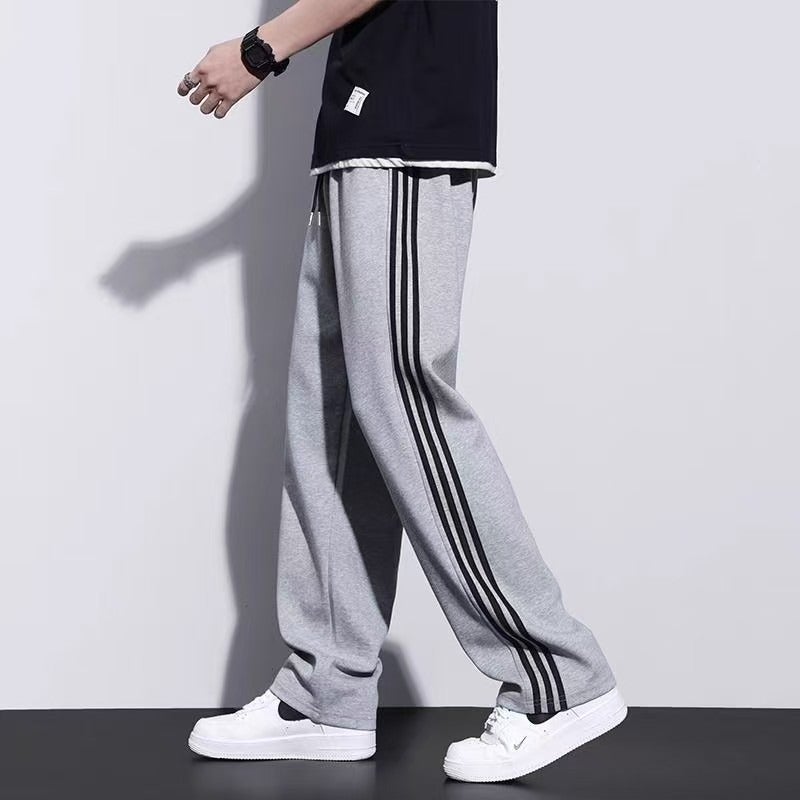 سروال رياضي للرجال بثلاث قطع بأكمام فضفاضة وقصّة مستقيمة، سروال كرة سلة للربيع والخريف، مقاس كبير، سروال كاجوال موحد مخطط باللون الأسود - Image 2