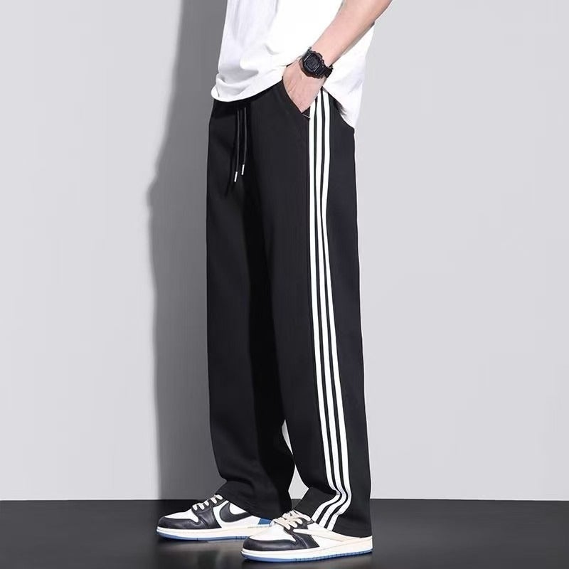سروال رياضي للرجال بثلاث قطع بأكمام فضفاضة وقصّة مستقيمة، سروال كرة سلة للربيع والخريف، مقاس كبير، سروال كاجوال موحد مخطط باللون الأسود - Image 3