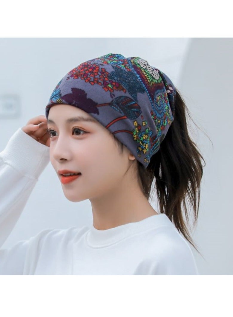 AROAQ Women Casual Beanies Hat, Autumn And Winter Comfortable Twist Hat Bib For Women, Soft Stretchy Women Knit Cap, Warm Neck Sheath Head Hat For Women Girls Teens, ( Gray Mosaic Leaves) - Image 1