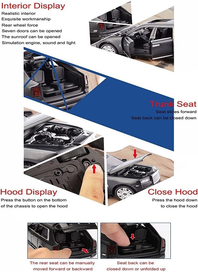 die cast 1/32 for Rolls-Royce Cullinan Alloy Car Model Diecasts Toy Car Model Sound,  Light, Pull Back and Opened Doors Kids & Adult Gifts (Black, No Box)  - Image 4