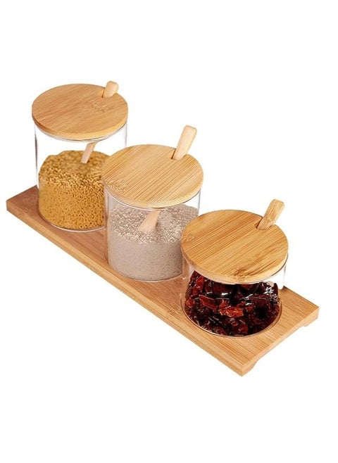 Set of 3 Seasoning Box Set, Salt Sugar Container Set with Bamboo Lids Spoon and Base, Salt Jar for Kitchen Coffee Bar Home, Glass Condiments Container for Sugar Spice Salt Serving