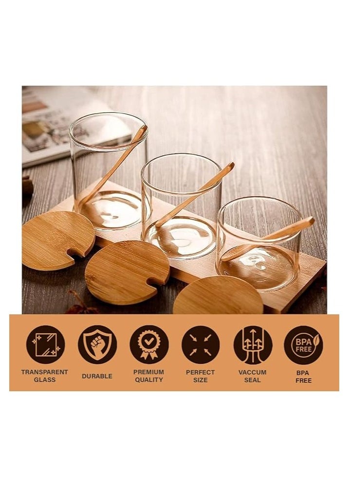 Set of 3 Seasoning Box Set, Salt Sugar Container Set with Bamboo Lids Spoon and Base, Salt Jar for Kitchen Coffee Bar Home, Glass Condiments Container for Sugar Spice Salt Serving
