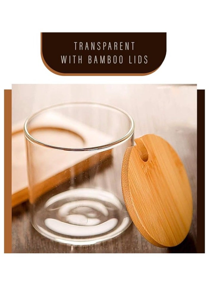 Set of 3 Seasoning Box Set, Salt Sugar Container Set with Bamboo Lids Spoon and Base, Salt Jar for Kitchen Coffee Bar Home, Glass Condiments Container for Sugar Spice Salt Serving
