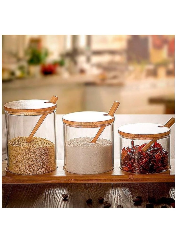 Set of 3 Seasoning Box Set, Salt Sugar Container Set with Bamboo Lids Spoon and Base, Salt Jar for Kitchen Coffee Bar Home, Glass Condiments Container for Sugar Spice Salt Serving