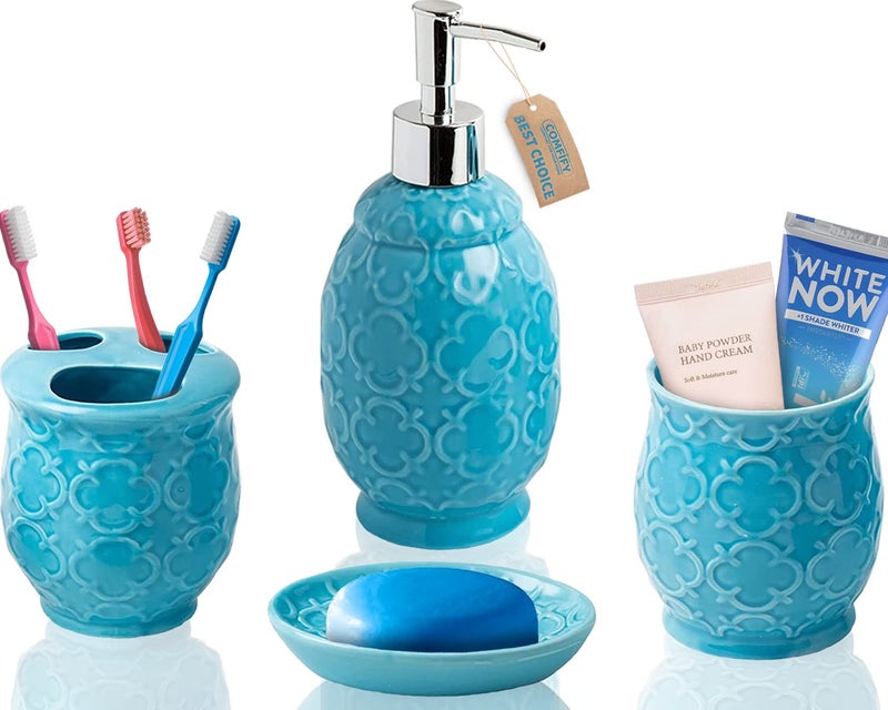 Comfify 4-Piece Bathroom Accessory Set - Ceramic Bath Set with Blue Glossy Finish - Modern Vanity Accessories Including Soap Dish, Tumbler, and Toothbrush Holder - Image 1