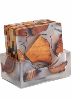Y&D Wooden Coasters for Drinks, 6Pcs Natural Cedar Wood Coaster with Holder, Epoxy Coasters, Large Size Modern Coffee, Tea Home Decor  - Image 1
