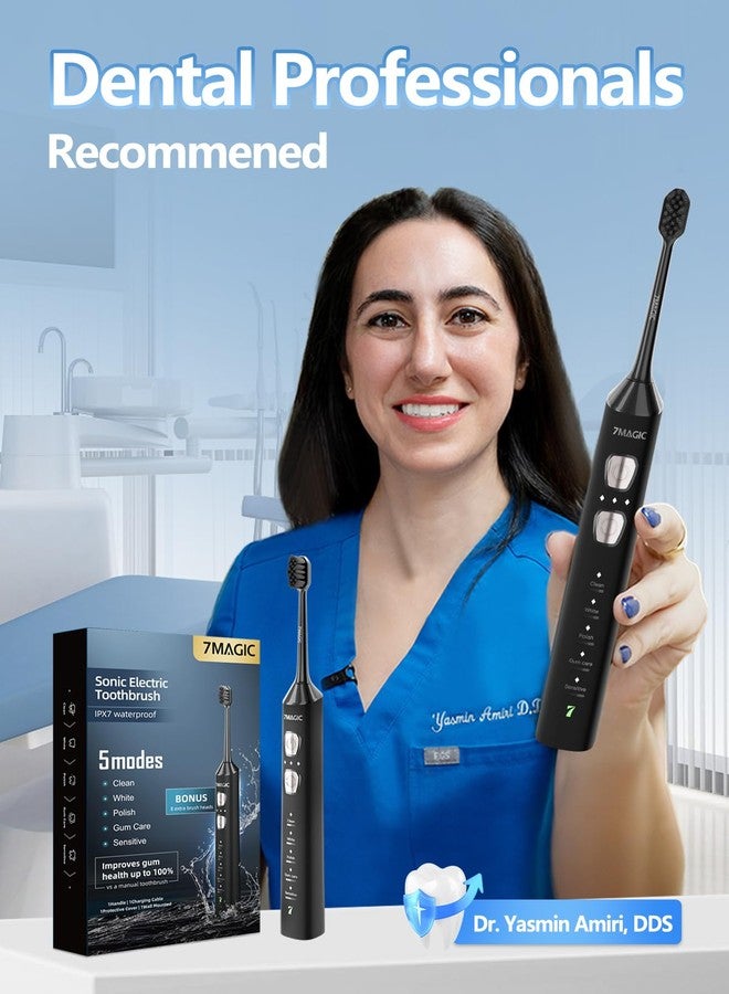 7MAGIC Sonic Electric Toothbrush for Adults and Kids - Up to 180 Days Runtime, 42000 VPM Powered Toothbrush, 5 Modes & 3 Intensities for Sensitive Teeth & Braces, Includes 8 Brush Heads, Black - Image 3