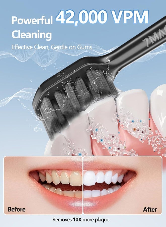 7MAGIC Sonic Electric Toothbrush for Adults and Kids - Up to 180 Days Runtime, 42000 VPM Powered Toothbrush, 5 Modes & 3 Intensities for Sensitive Teeth & Braces, Includes 8 Brush Heads, Black - Image 5