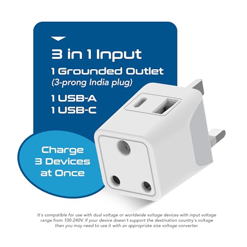 Ceptics Travel Adapter India to UK, 3 in 1 Plug with 1 USB, 1 USB-C, Singapore, G Type Plug Socket for Indian Pins, Laptops, Phones - CE-RoHS - White 1pc - Image 2