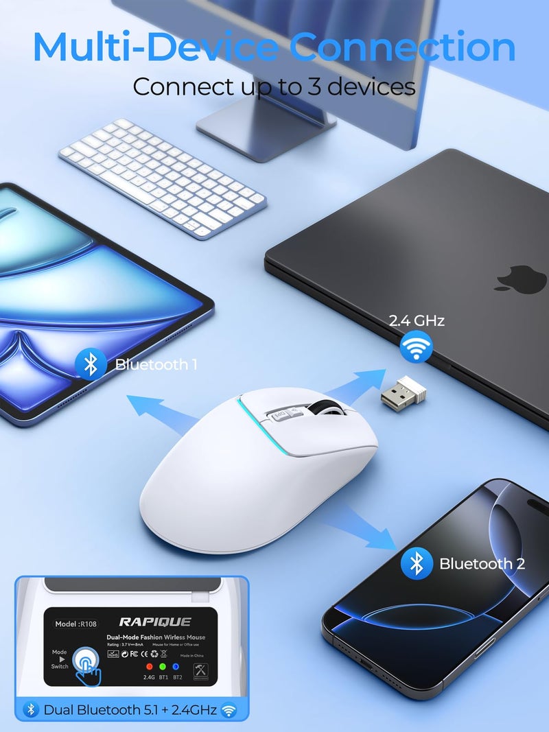 RAPIQUE Wireless Bluetooth Mouse â€“ Dual Bluetooth ï¼† 2.4GHz USB Receiver, 4 DPI Levels (1000â€“3200), USB-C Rechargeable, Ergonomic Right-Hand Grip, Silent Click, Compacr for Computer/Mac/Laptop - White - Image 2