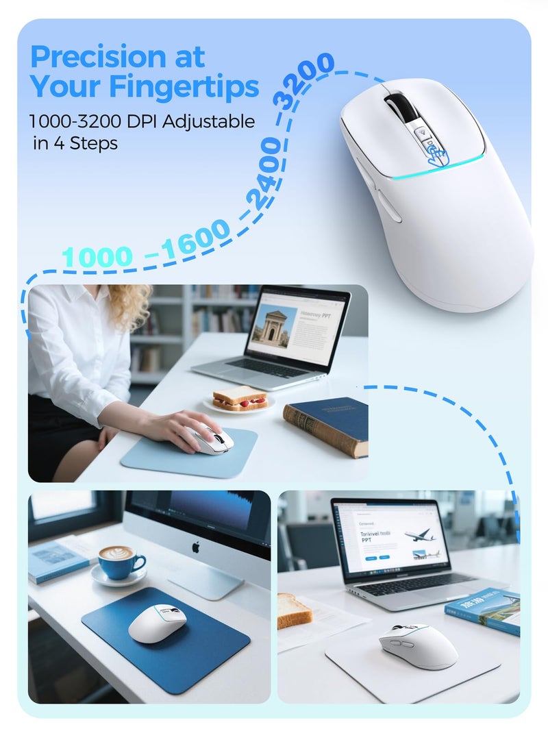 RAPIQUE Wireless Bluetooth Mouse â€“ Dual Bluetooth ï¼† 2.4GHz USB Receiver, 4 DPI Levels (1000â€“3200), USB-C Rechargeable, Ergonomic Right-Hand Grip, Silent Click, Compacr for Computer/Mac/Laptop - White - Image 4