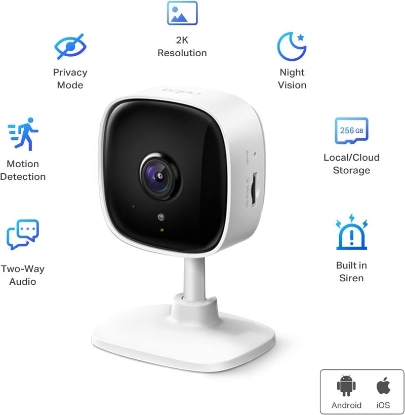 Tapo 2K Indoor Wired Security Camera - Works as a Baby Monitor & Pet Camera, Person/Motion/Baby Cry Detection, 2-Way Audio, Siren, Subscription-Free Local Storage or Optional Cloud, C110P2 (2-Pack) - Image 2