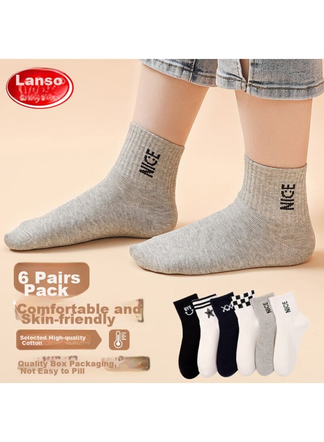 LANG SHA Langsha Children's Socks, Boys' Spring And Autumn Cotton Socks, Skin-friendly, Comfortable, Breathable, Mid-calf Socks, Casual Sports Socks For Older Children - Image 1