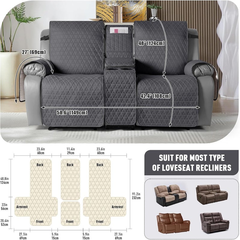 TAOCOCO 100% Waterproof Loveseat Recliner Cover with Console, Non-Slip Washable Reclining Couch Cover for 2 Seats, Furniture Protector for Dogs, Black Gray - Image 2
