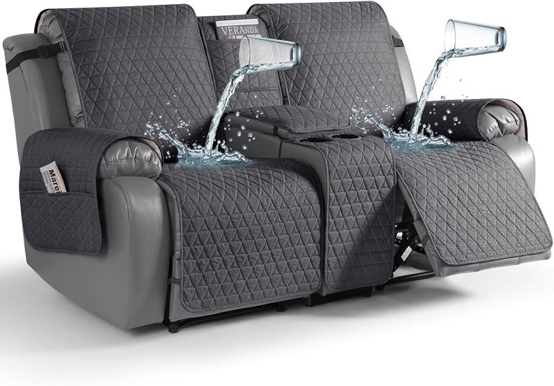 TAOCOCO 100% Waterproof Loveseat Recliner Cover with Console, Non-Slip Washable Reclining Couch Cover for 2 Seats, Furniture Protector for Dogs, Black Gray - Image 1