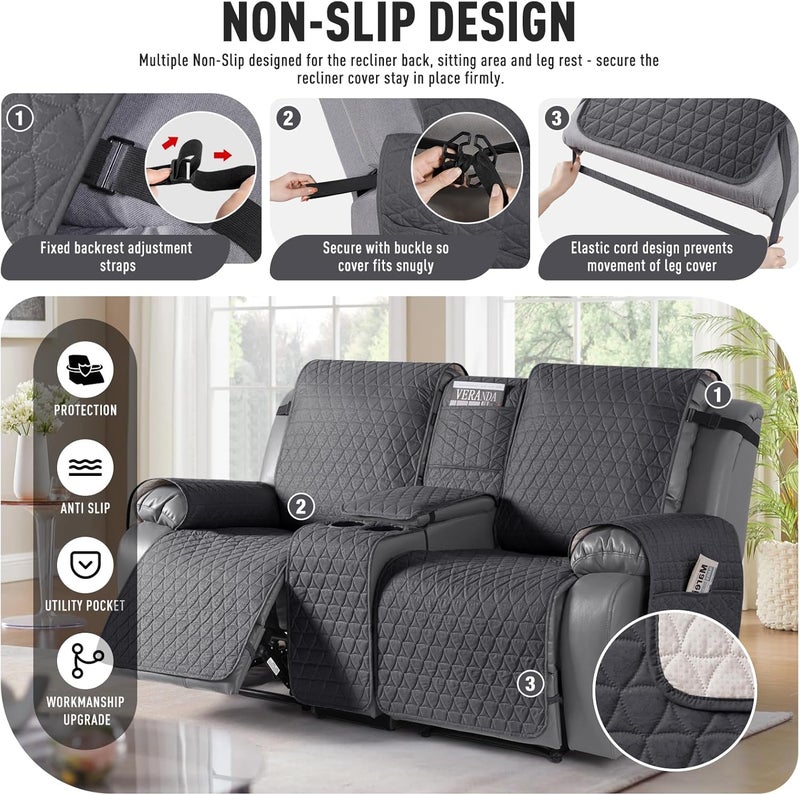 TAOCOCO 100% Waterproof Loveseat Recliner Cover with Console, Non-Slip Washable Reclining Couch Cover for 2 Seats, Furniture Protector for Dogs, Black Gray - Image 5