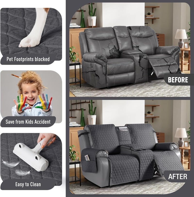 TAOCOCO 100% Waterproof Loveseat Recliner Cover with Console, Non-Slip Washable Reclining Couch Cover for 2 Seats, Furniture Protector for Dogs, Black Gray - Image 3