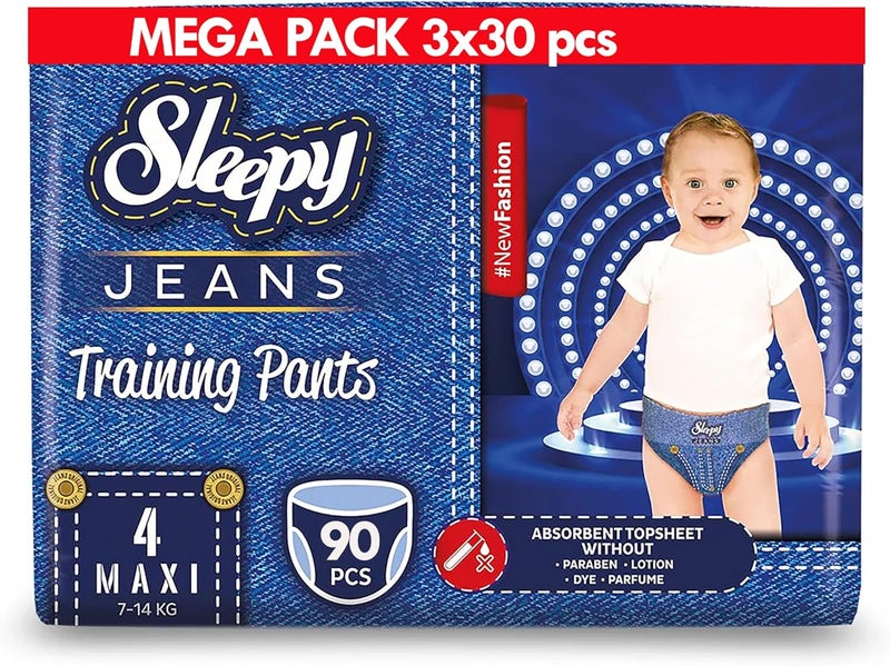 Sleepy سروال تدريب جينز سليبى مقاس 4 ماكسي (7–14 كجم) - 90 قطعة، سروال حفاضات بأسلوب جينز، ناعم وامتصاصي - Image 1