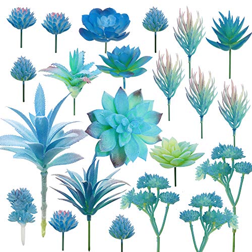 Cayway 21 PCS Artificial Succulent Plants, Blue Fake Succulent, Unpotted Faux Succulent Assortment in Flocked Blue in Different Type for Birthday Home Decor Indoor Wall Garden DIY - Image 1
