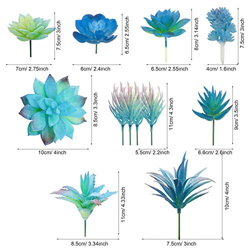 Cayway 21 PCS Artificial Succulent Plants, Blue Fake Succulent, Unpotted Faux Succulent Assortment in Flocked Blue in Different Type for Birthday Home Decor Indoor Wall Garden DIY - Image 3