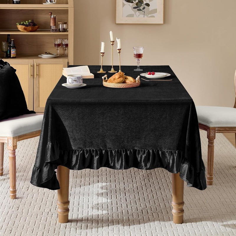 KKJIAF غطاء طاولة مستطيل من المخمل الأسود مقاس 60 × 84 بوصة، غطاء طاولة مستطيل ريفي كلاسيكي ذو حواف كشكشة قابل للغسل لحفلات الزفاف والولائم وحفلات استقبال المولود وديكور المطبخ - Image 5