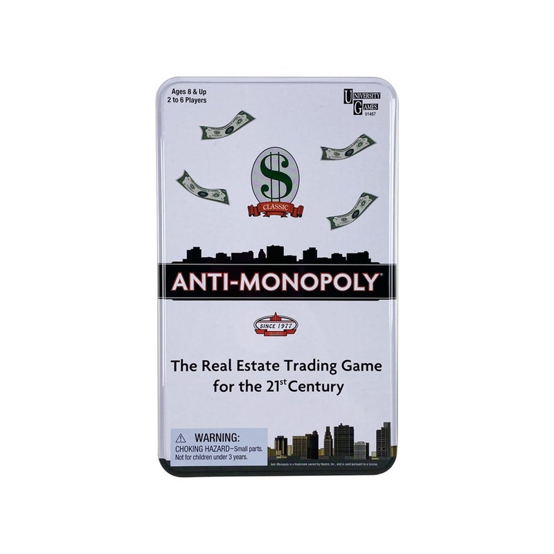 University Games Anti-Monopoly Game Tin Travel by University Games |The Real Estate Trading Game for the 21st Century | Fun, Challenging Game in Travel Tin | For Ages 8 Years and Up - Image 1