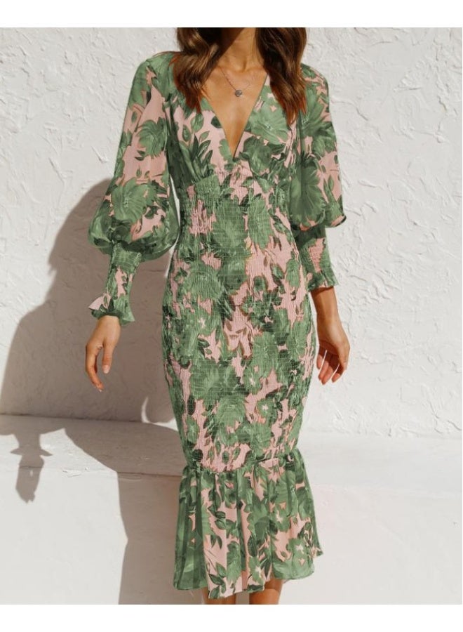 Beauenty Spring and summer OL temperament women elastic waist long sleeve V-neck print flounce skirt dress  - Image 1