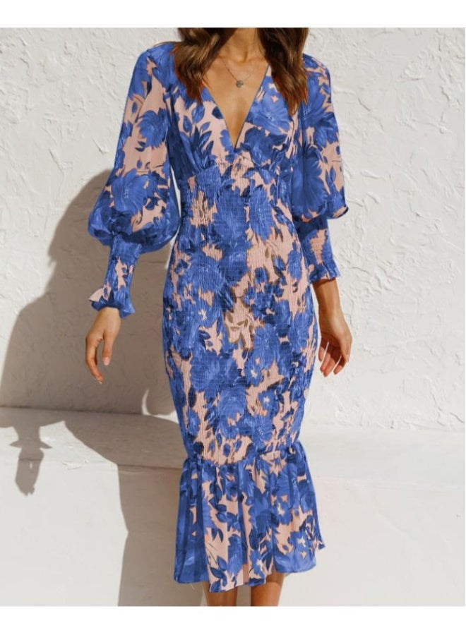 Beauenty Spring and summer OL temperament women elastic waist long sleeve V-neck print flounce skirt dress  - Image 2