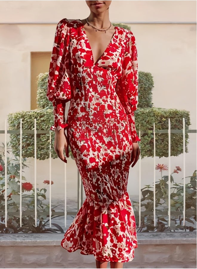 Beauenty Spring and summer OL temperament women elastic waist long sleeve V-neck print flounce skirt dress  - Image 4