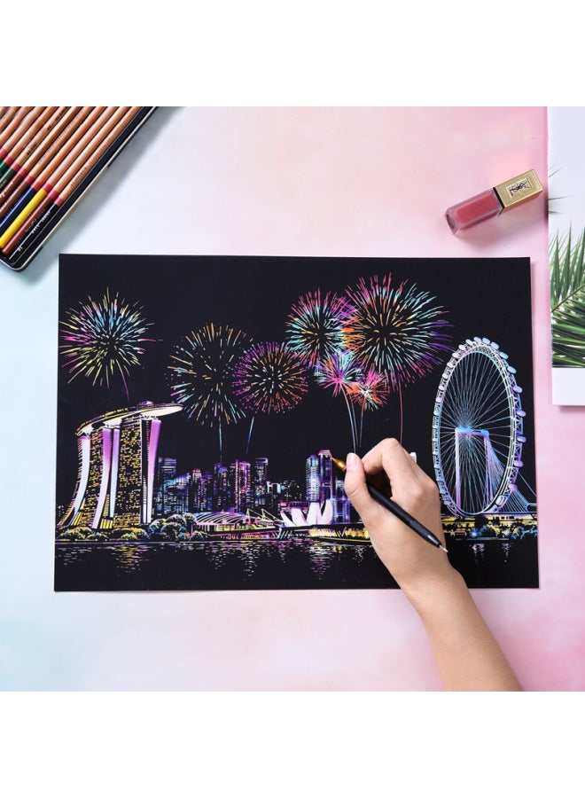 يويلو رسم خدش مشهد ليلي ملون لمدينة - رسم خدش يدوي DIY هدية للرجال والنساء - Image 2