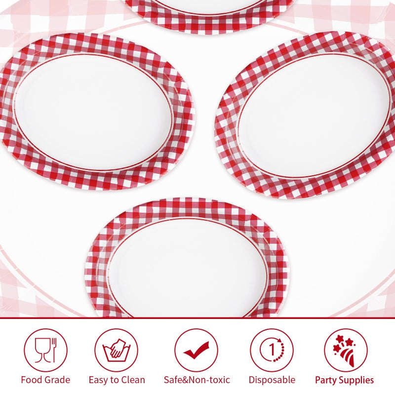 Grencian 50Pcs Gingham Oval Paper Plates 10"" x 12"" Large Disposable 400GSM Heavy Duty Red and White Buffalo Checked Plaid Paper Dessert Plates for BBQ Gathering Picnic Birthday Dinner Spring Party Supplies - Image 3