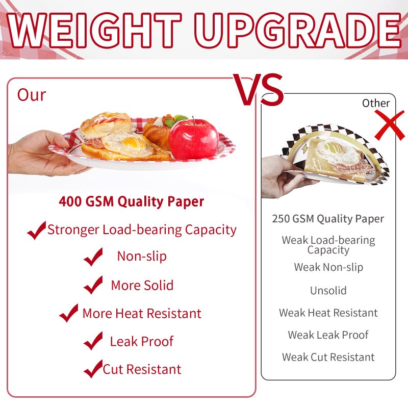 Grencian 50Pcs Gingham Oval Paper Plates 10"" x 12"" Large Disposable 400GSM Heavy Duty Red and White Buffalo Checked Plaid Paper Dessert Plates for BBQ Gathering Picnic Birthday Dinner Spring Party Supplies - Image 4