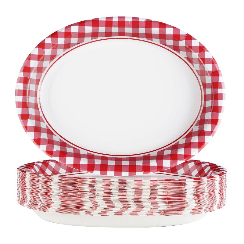 Grencian 50Pcs Gingham Oval Paper Plates 10"" x 12"" Large Disposable 400GSM Heavy Duty Red and White Buffalo Checked Plaid Paper Dessert Plates for BBQ Gathering Picnic Birthday Dinner Spring Party Supplies - Image 1