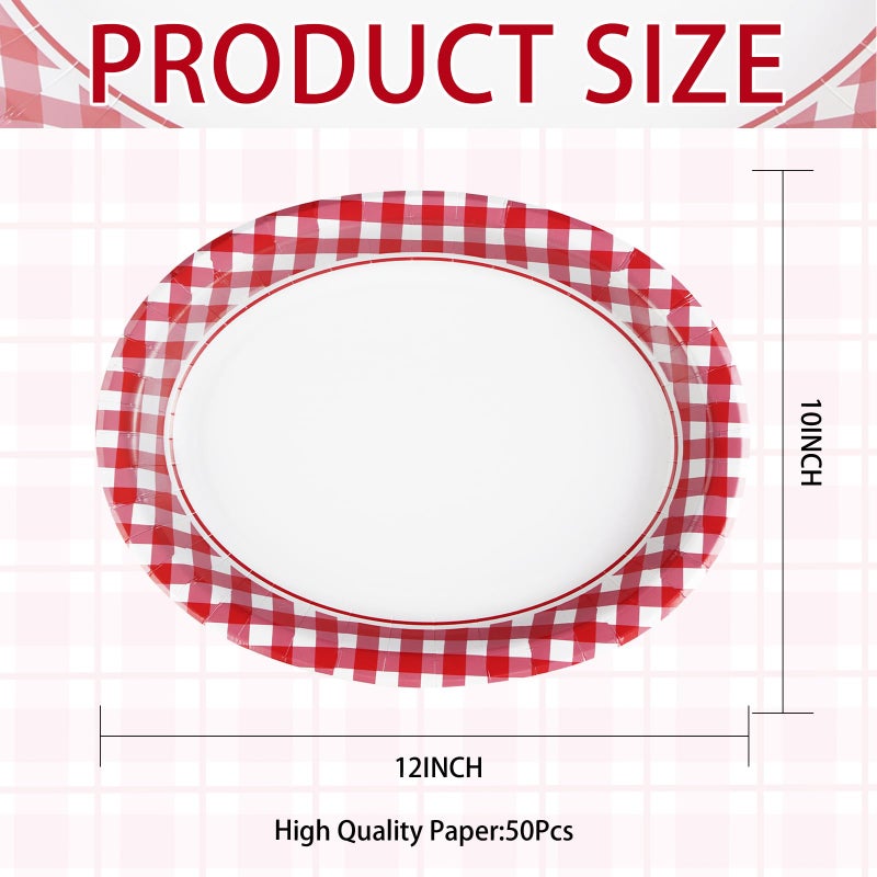 Grencian 50Pcs Gingham Oval Paper Plates 10"" x 12"" Large Disposable 400GSM Heavy Duty Red and White Buffalo Checked Plaid Paper Dessert Plates for BBQ Gathering Picnic Birthday Dinner Spring Party Supplies - Image 2