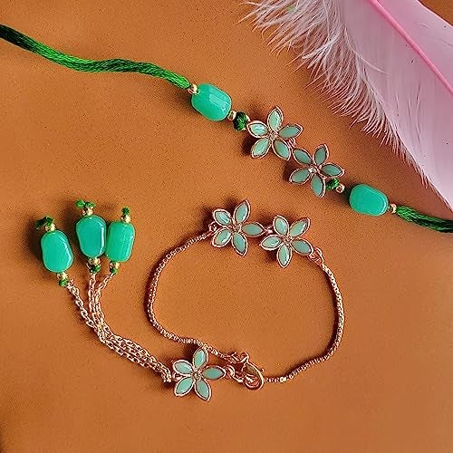Mahi Rakhi for Brother and Bhabhi Floral Green Crystals Bracelet Style Lumba - Bhaiya Bhabhi Rakhi Set (RCOL1105520ZGre) - Image 5