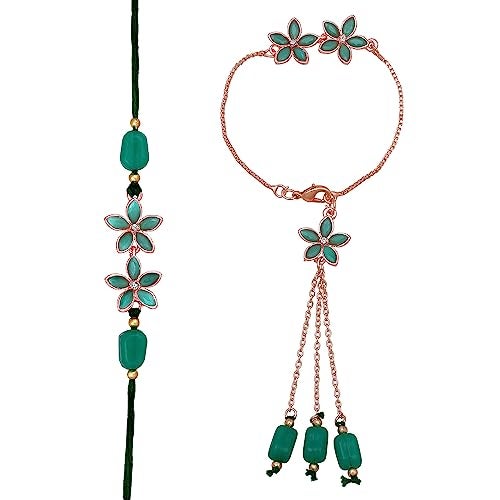 Mahi Rakhi for Brother and Bhabhi Floral Green Crystals Bracelet Style Lumba - Bhaiya Bhabhi Rakhi Set (RCOL1105520ZGre) - Image 3