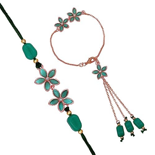 Mahi Rakhi for Brother and Bhabhi Floral Green Crystals Bracelet Style Lumba - Bhaiya Bhabhi Rakhi Set (RCOL1105520ZGre) - Image 1