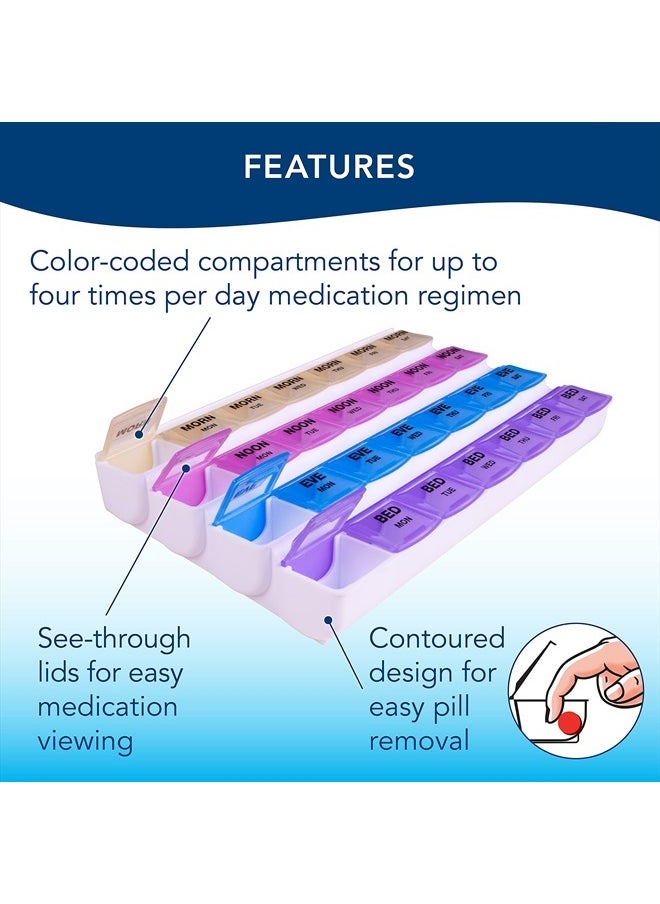 APEX 7-Day Mediplanner Pill Organizer, Weekly Pill Organizer, 4 Times A Day Color-Coded, Easy-Open, See-Through Lids, Organize Medication Or Vitamins By AM, PM, Evening And Bedtime  - Image 2
