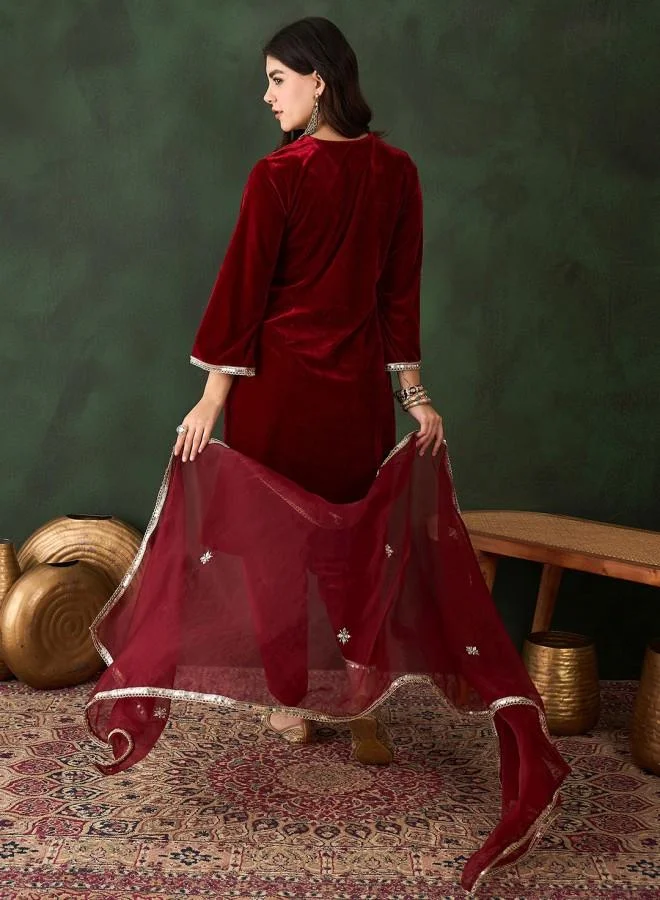 ISHIN Women's Maroon Velvet Embroidered Tunic Full Length Palazzo Straight Fit Kurta Set