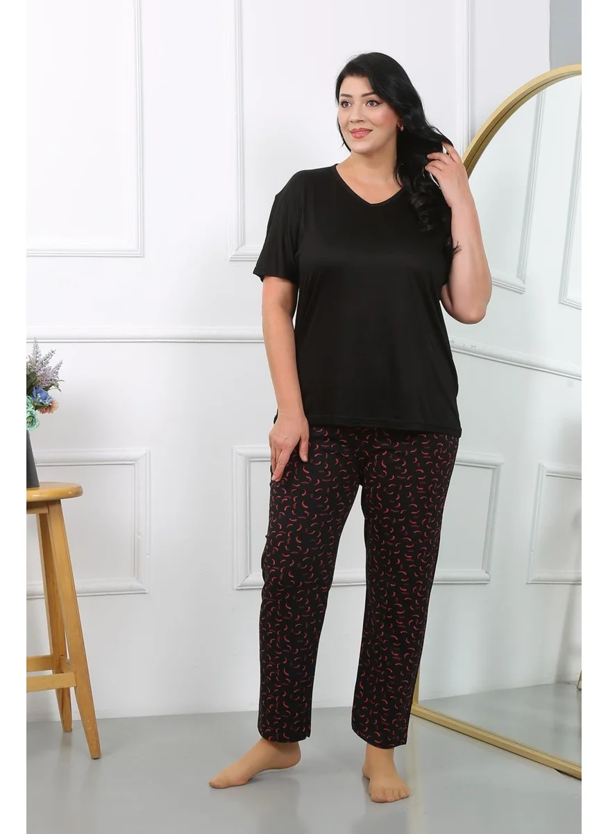 اكبينيز Women's Plus Size Short Sleeve Combed Cotton Pajama Set Black 202406