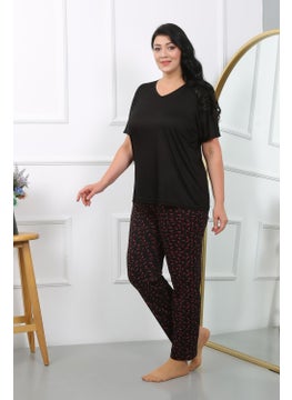 Akbeniz Women's Plus Size Short Sleeve Combed Cotton Pajama Set Black 202406  - Image 2