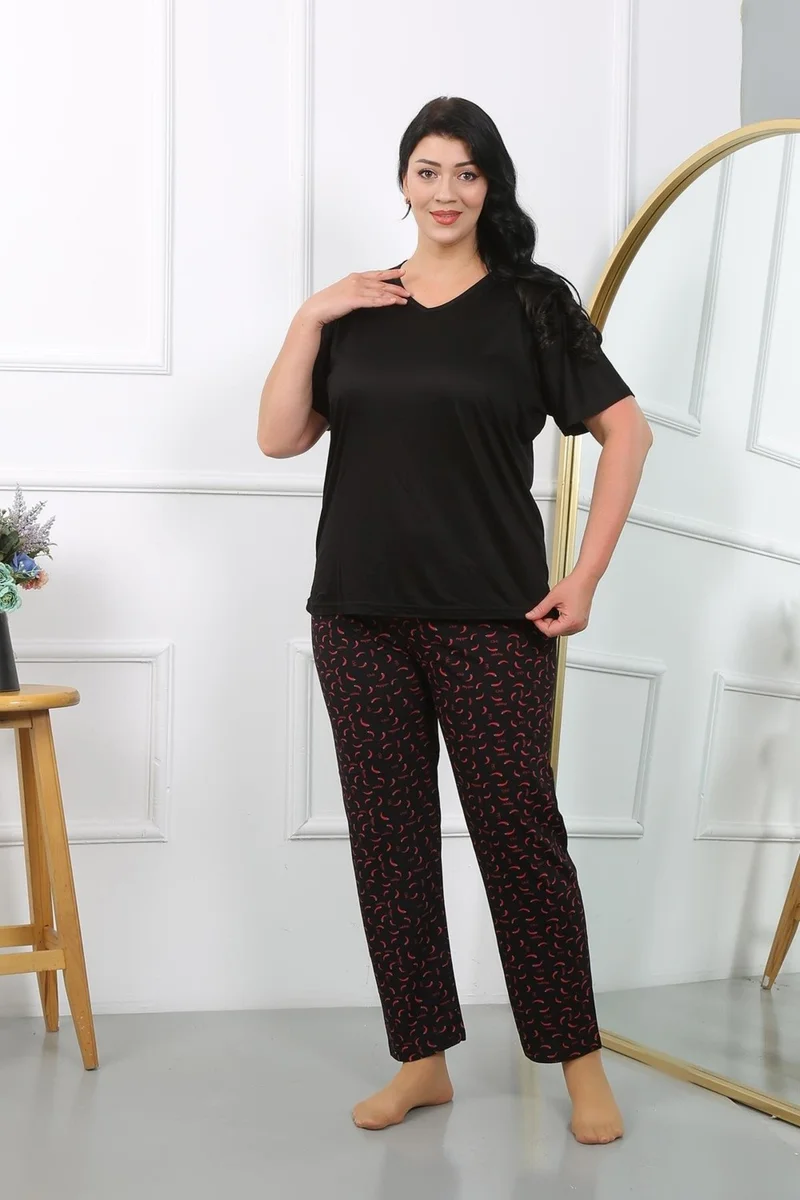 Akbeniz Women's Plus Size Short Sleeve Combed Cotton Pajama Set Black 202406